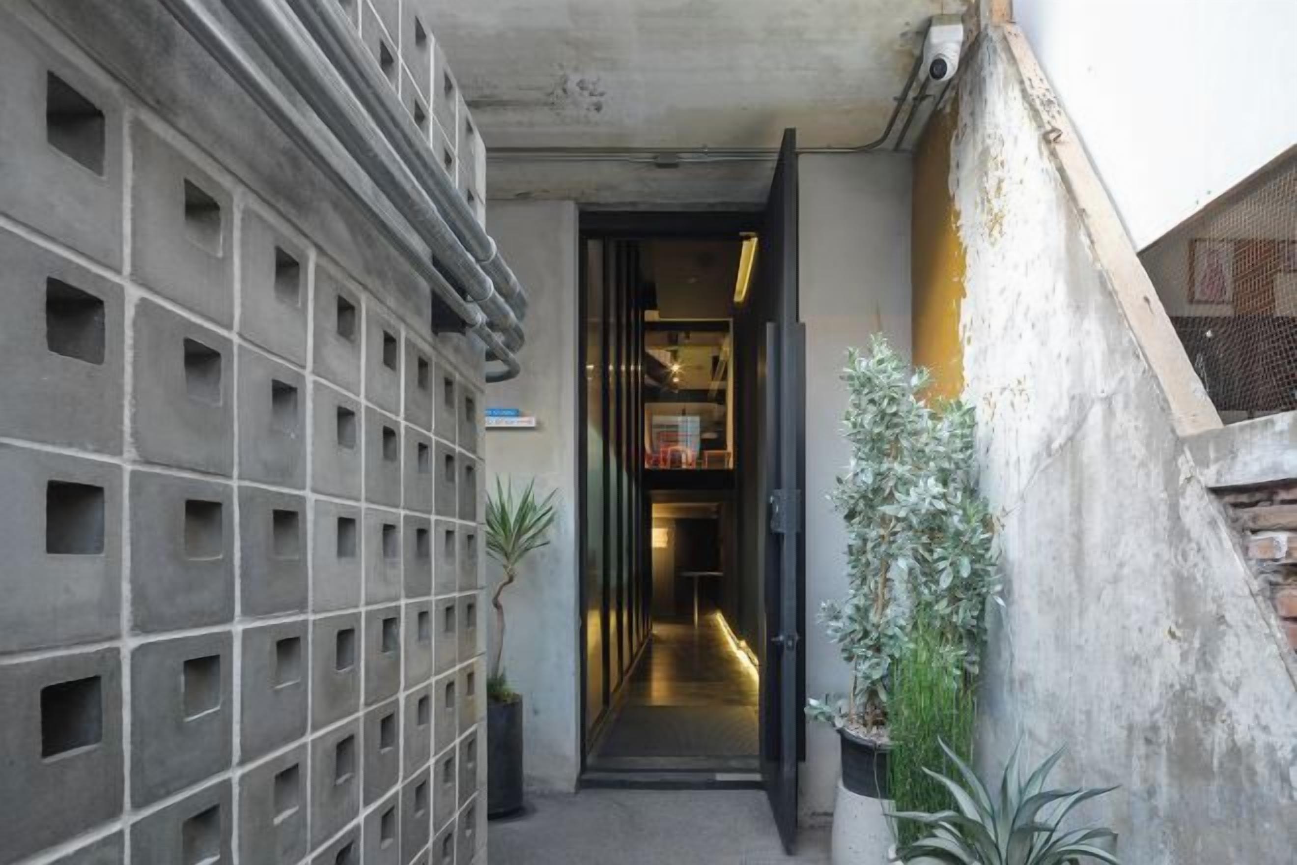 A narrow hallway with a grid-like wall on the left, a door on the right, and a plant in the foreground.