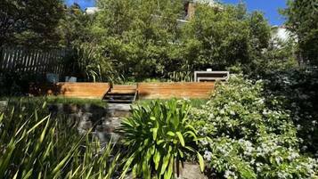 A garden with a pond, wooden steps, and various plants.
