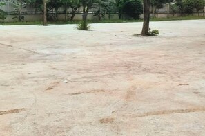 A concrete outdoor area with a tree and a small plant. - Happy Hotel (Vientiane)