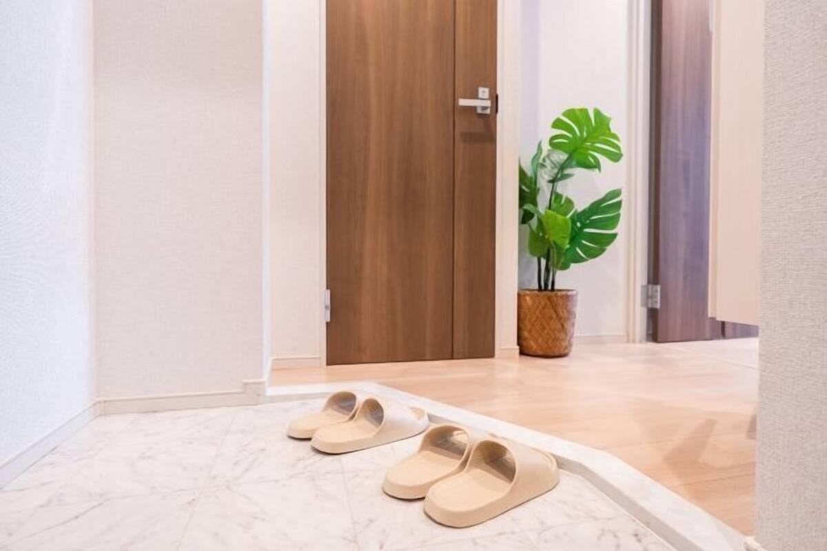 A hallway with a wooden door, a potted plant, and a pair of beige slippers on a tiled floor.