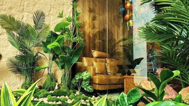A cozy living room with a brown leather sofa, surrounded by lush green plants and a wooden door. - RosaMay Thu Khoa Huan (Ho Chi Minh City)