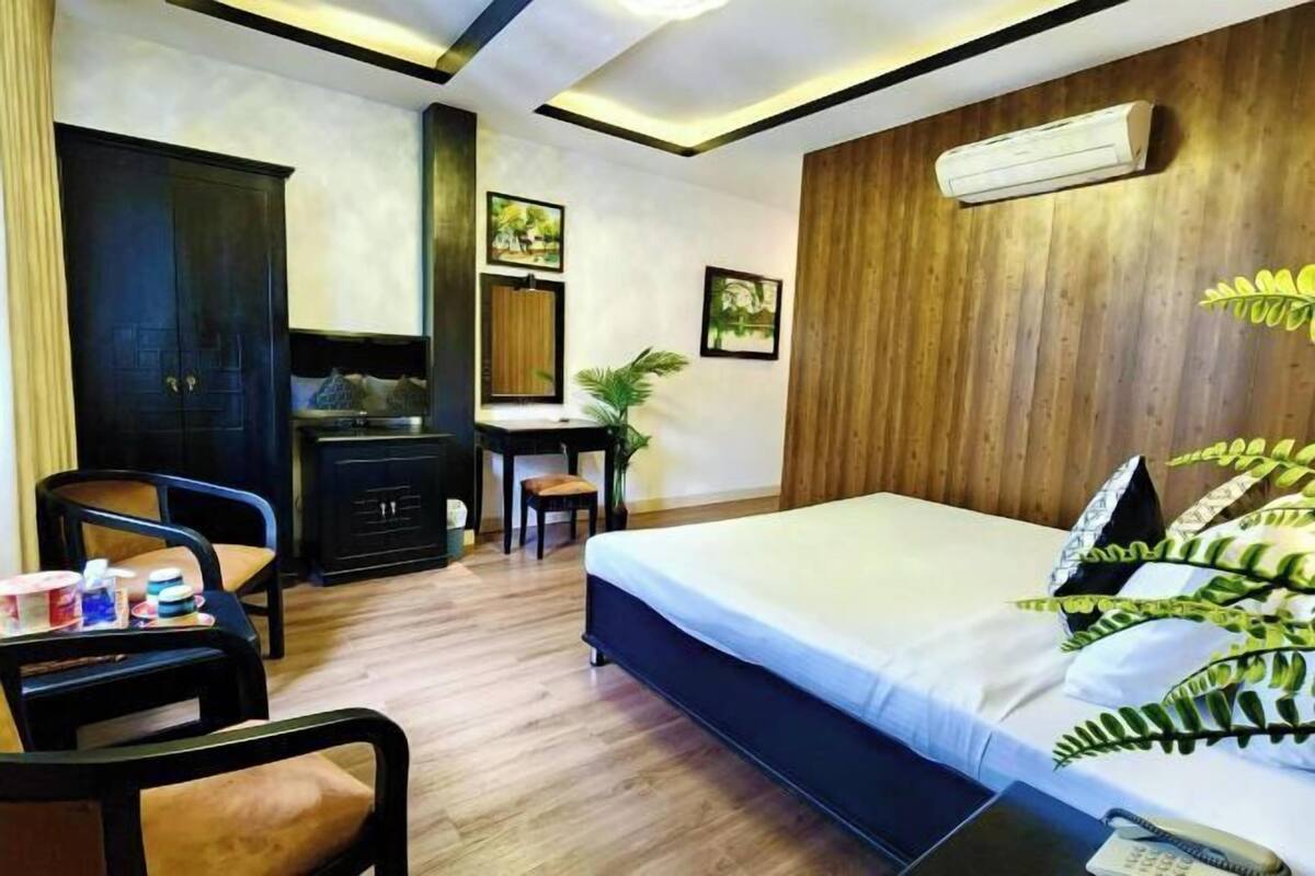 Une chambre d’hôtel avec un lit, un bureau, une chaise, une armoire et une plante en pot.