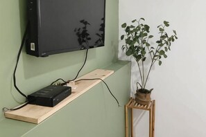 A wall-mounted TV, a wooden shelf with electronic devices, and a potted plant.