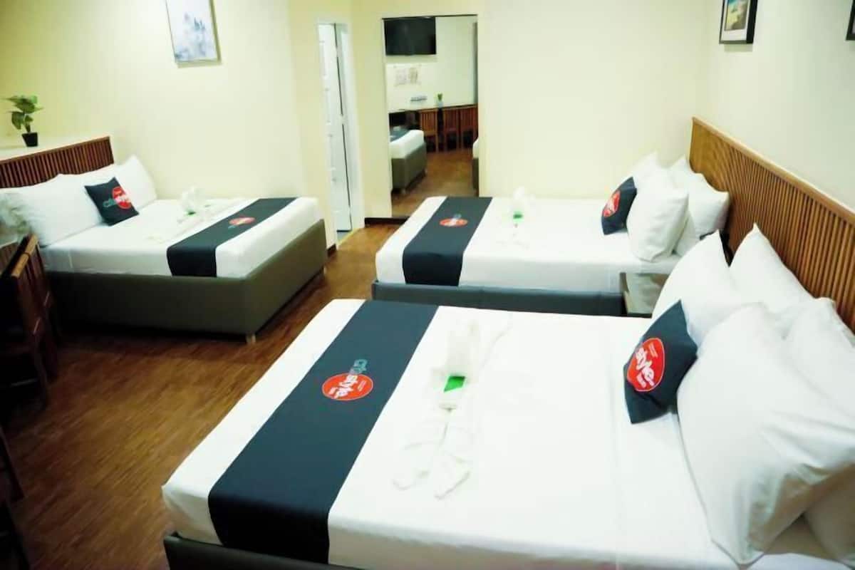 A hotel room with two beds, a wooden floor, a small plant, and a TV on the wall.