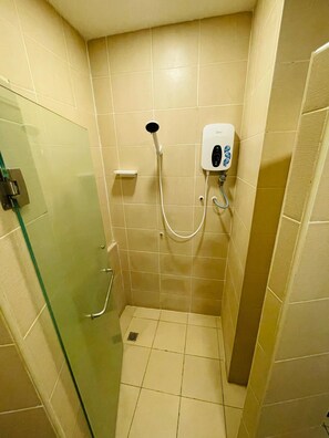 Shower, free toiletries, hair dryer, slippers
