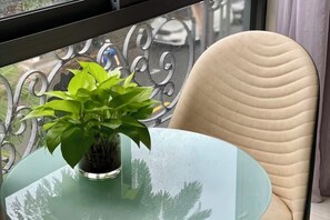 Una planta en maceta sobre una mesa de vidrio junto a una silla.
