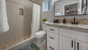 A bathroom with a shower, toilet, vanity, and a large mirror.