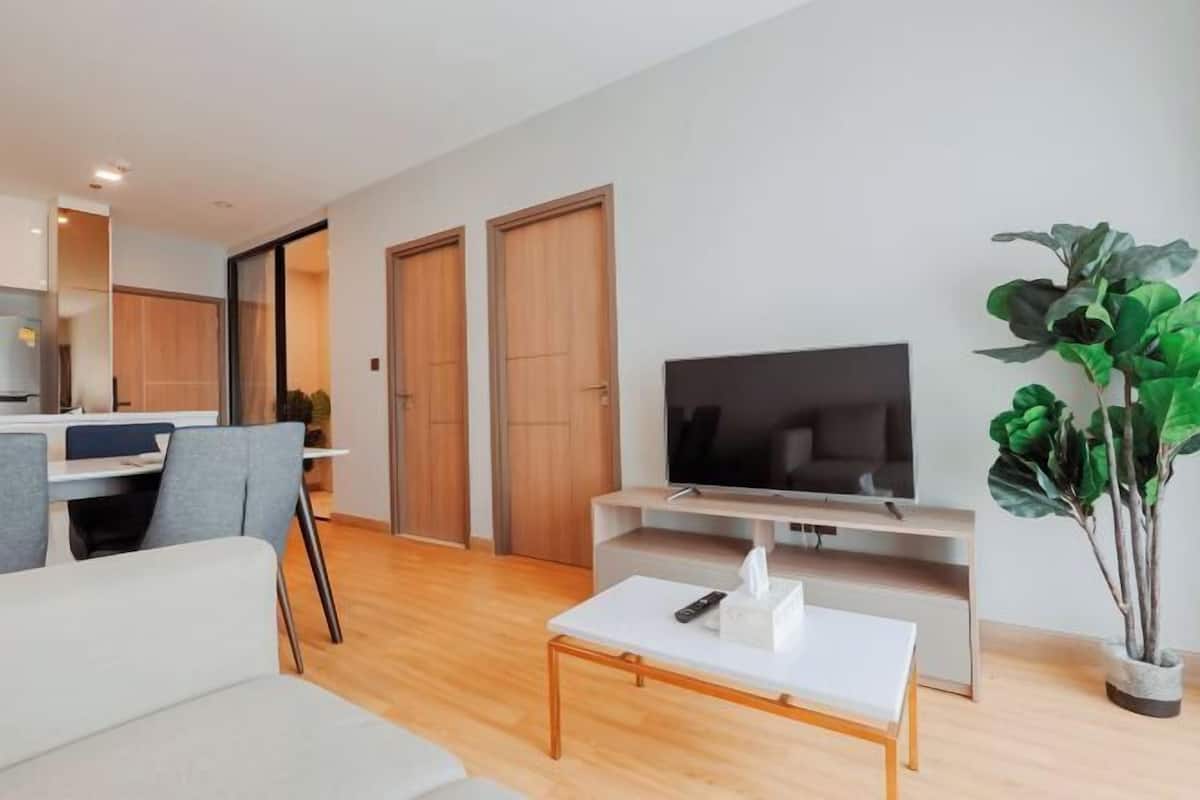 A modern living room with a flat-screen TV, a coffee table, and a plant.