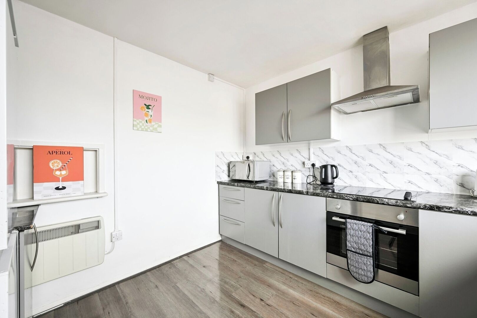 Microwave, oven, dining tables