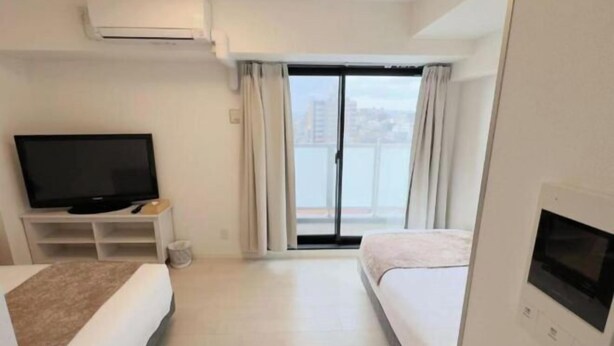 Camera d'albergo con televisione, un letto, una poltrona letto e un balcone con vista, oltre a condizionatore d'aria.