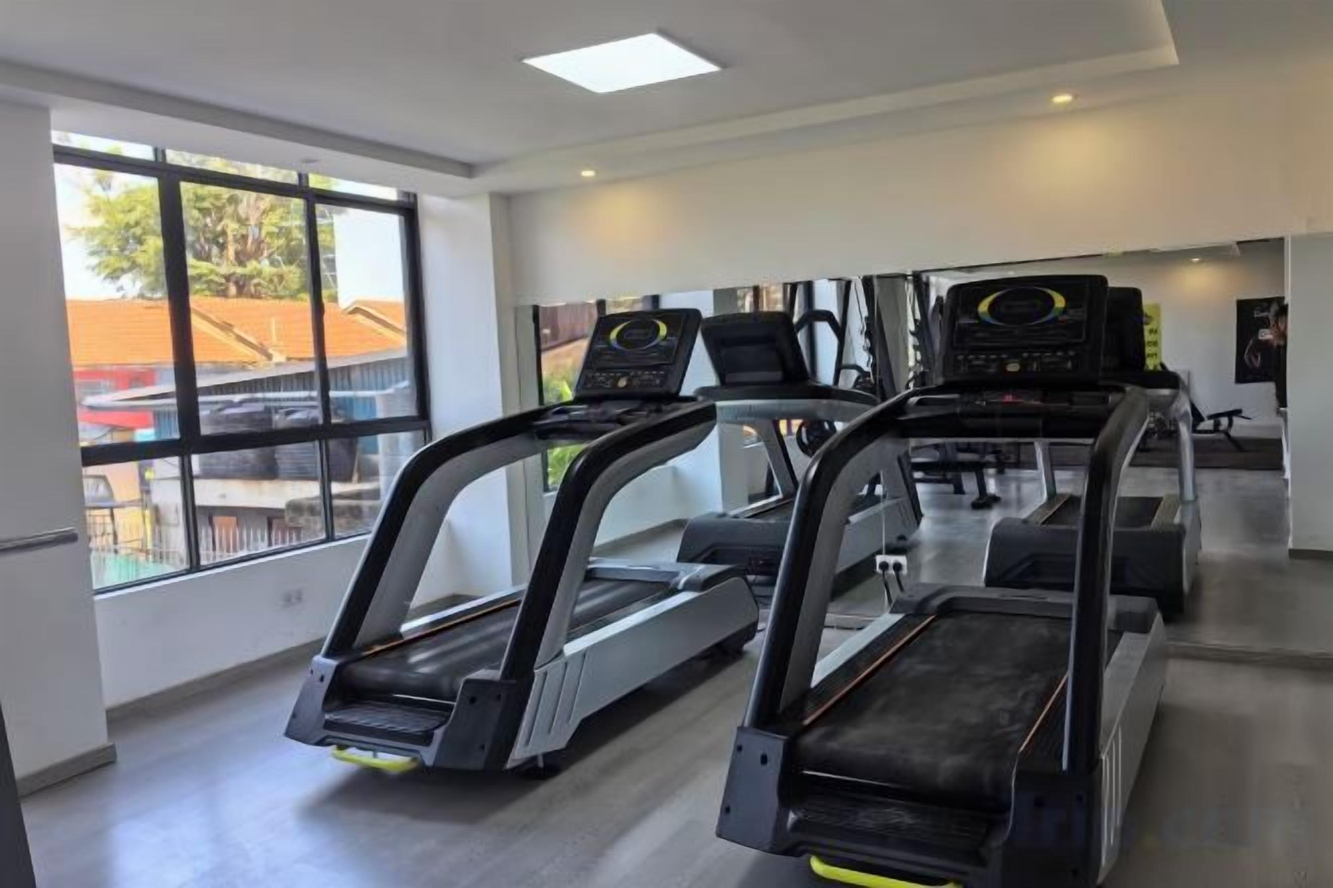 A gym with treadmills and exercise equipment.