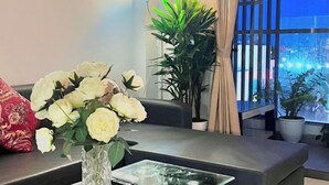 Un salon moderne avec un canapé, une table basse en verre et un vase rempli de fleurs blanches. Une grande fenêtre offre une vue sur la ville la nuit.