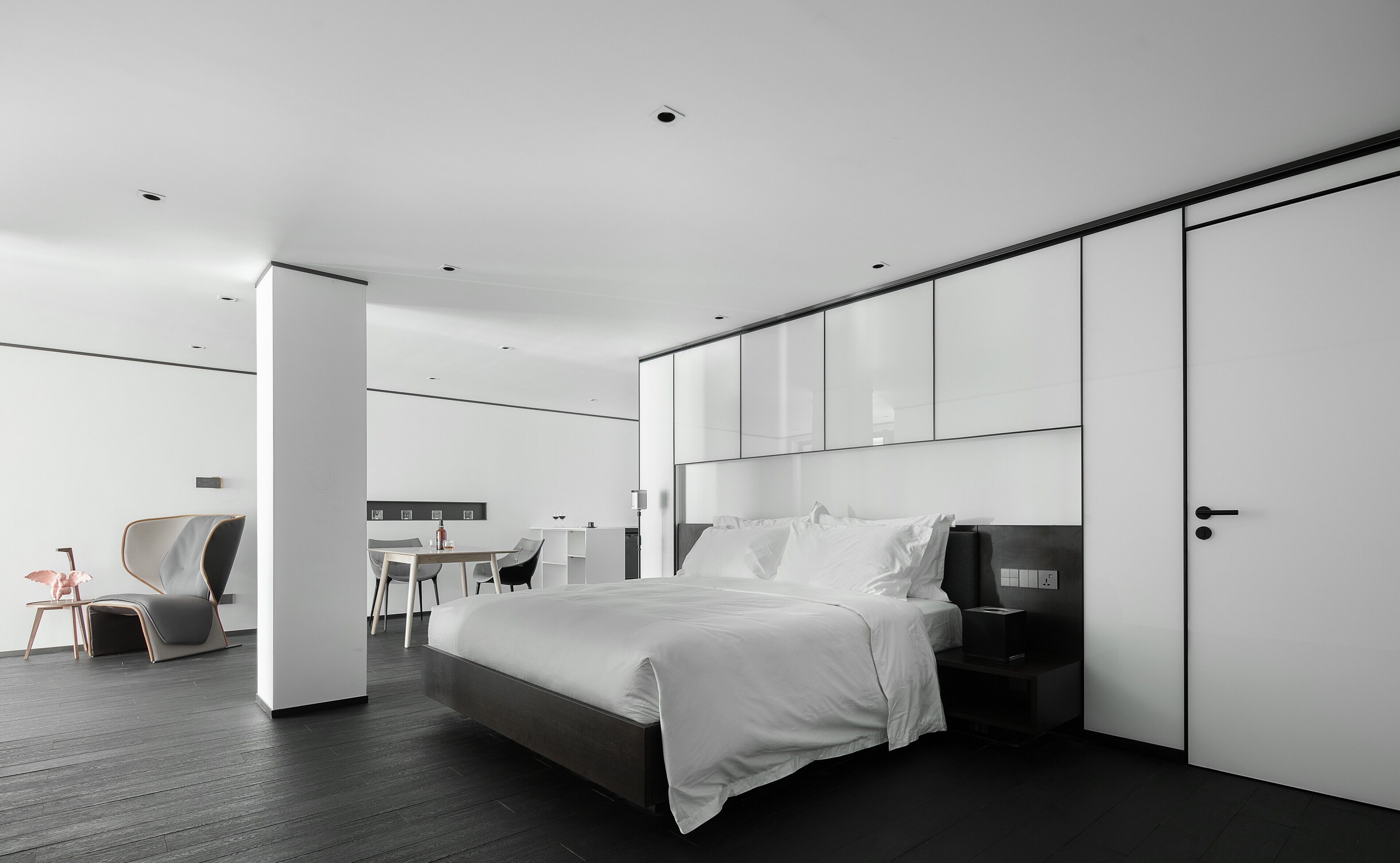 Desk, laptop workspace, blackout drapes, soundproofing