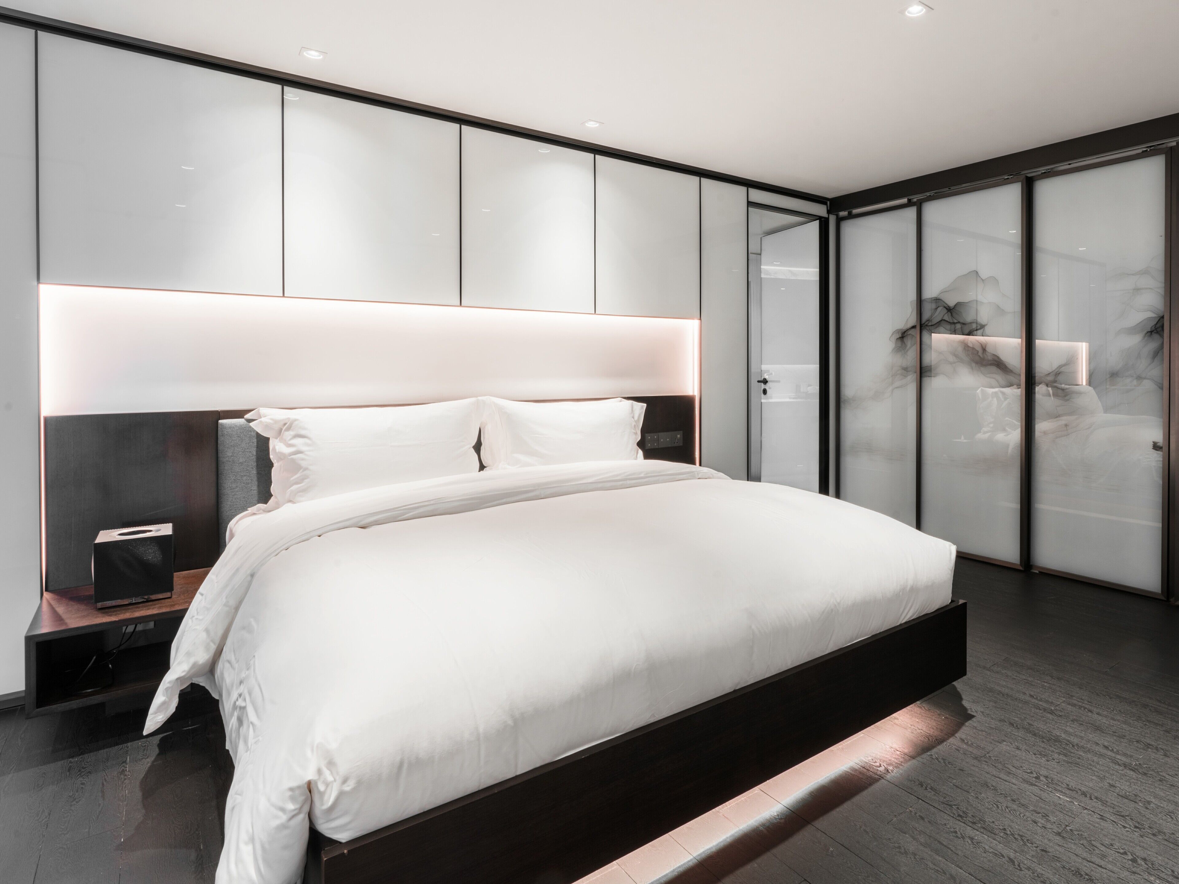 Desk, laptop workspace, blackout drapes, soundproofing