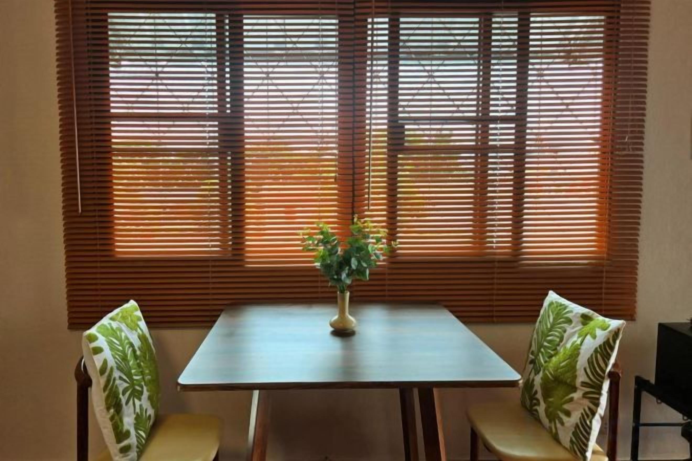 A dining area with a table and two chairs, a potted plant on the table, and a window with blinds.