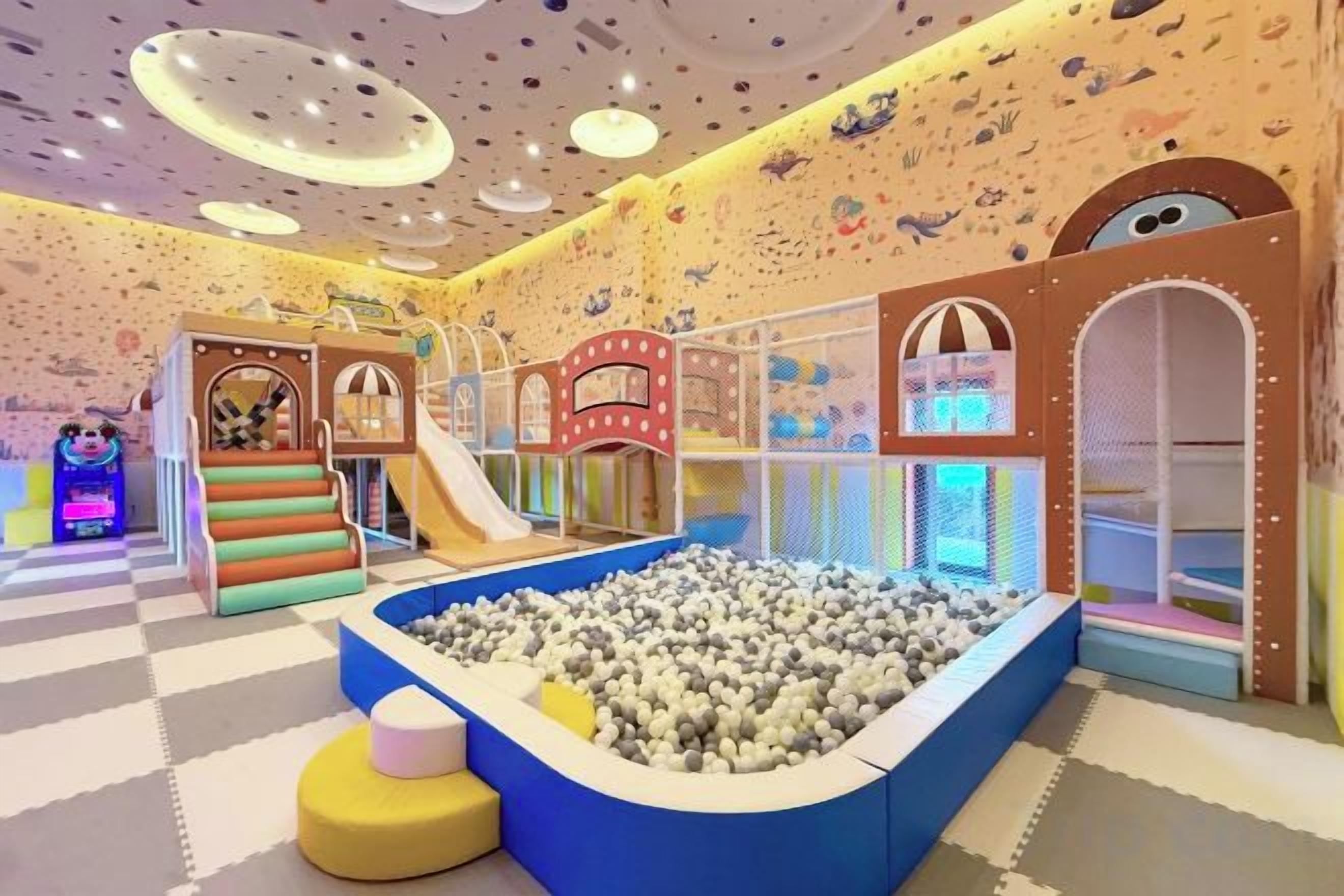 Un área de juegos interior con toboganes, una piscina de pelotas y estructuras para escalar.
