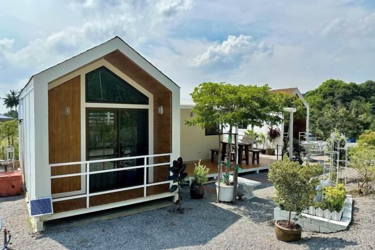 Ein modernes Gebäude mit großem Fenster, Holzfassade und Kieshof mit Topfpflanzen.