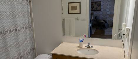 Hair dryer, bidet, towels, soap