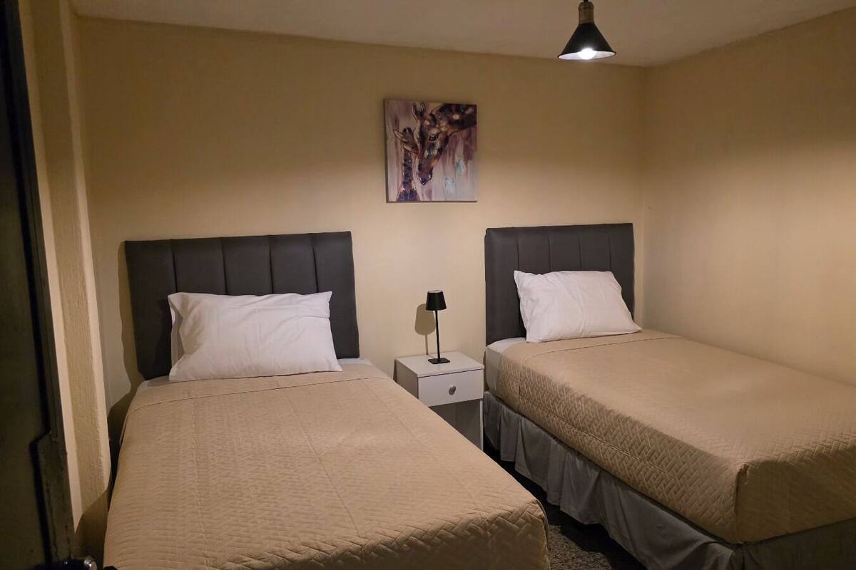 Habitación doble con dos camas, cada una con cabecero, mesita de noche con lámpara y un cuadro en la pared.