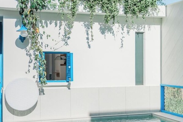 Un bâtiment moderne doté d’une piscine, d’une fenêtre avec des volets bleus et de plantes suspendues.