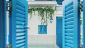 Blick durch offene, blaue Fensterläden auf einen Poolbereich mit hängenden Pflanzen und einem Fenster mit blauen Fensterläden.