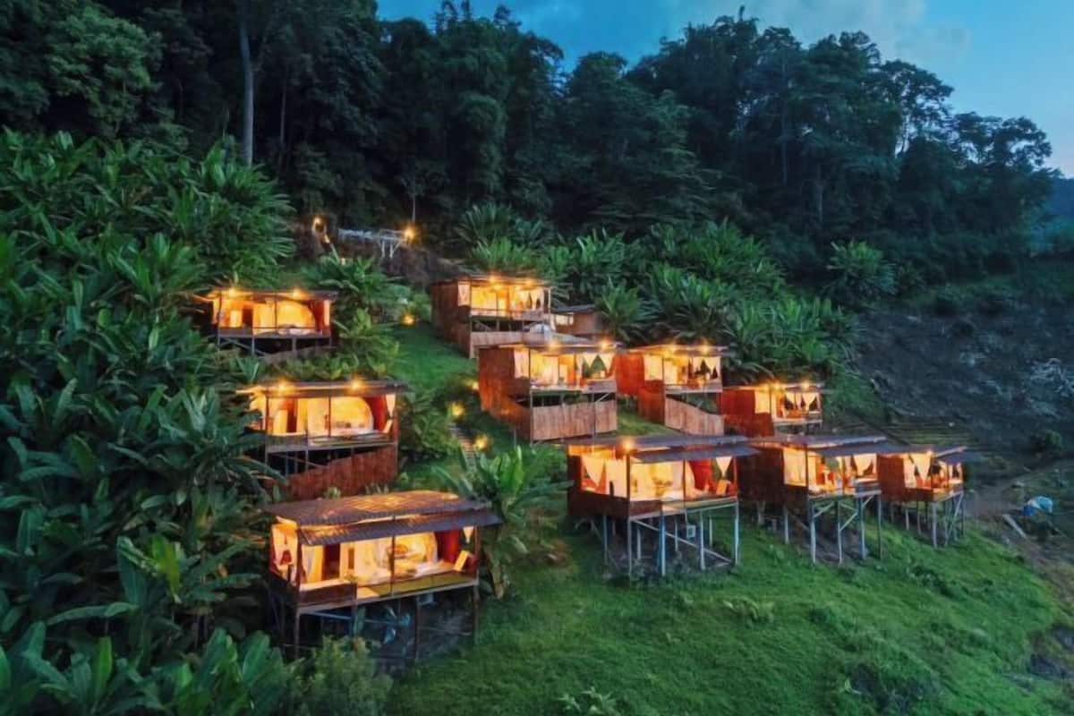 A series of elevated wooden structures with open sides, surrounded by lush greenery.