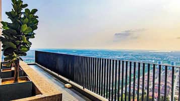 A balcony with a view of a cityscape, a potted plant, and a railing.