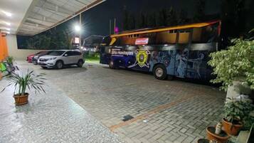 A bus parked at a bus station with a mural on its side, potted plants, and a paved area.