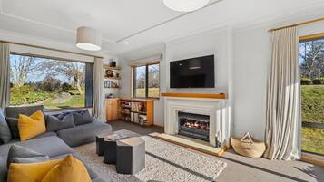 TV, fireplace, books, offices