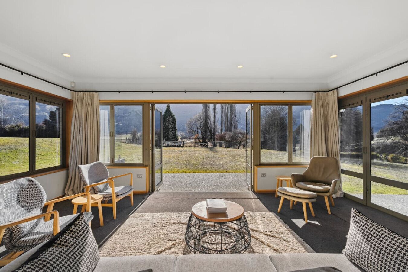 TV, fireplace, books, offices