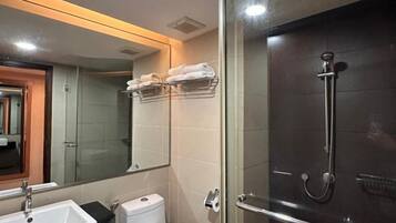 A bathroom with a glass-enclosed shower, a sink, a toilet, and a mirror.