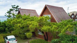 Une maison moderne avec un toit en pente, entourée d’une végétation luxuriante et offrant une vue sur l’océan.