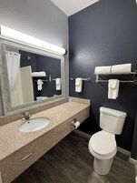 Un baño con lavamanos, espejo, inodoro y toallero.
