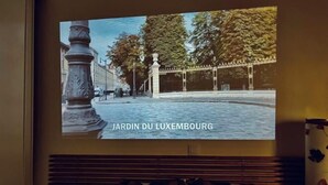 Une projection du jardin du Luxembourg, avec une balustrade en pierre et des arbres.