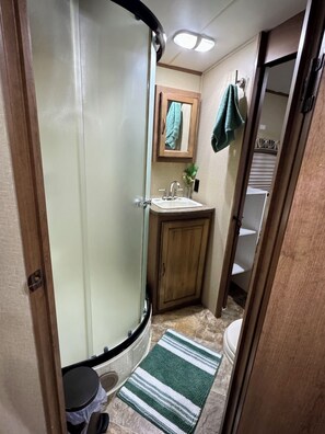 Shower, towels, toilet paper