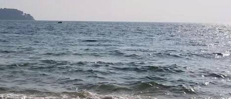 Une plage avec des vagues et une étendue de terre visible au loin.