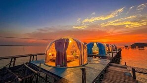 Overwater bungalows with transparent canopies, wooden walkways, and a sunset view. - Turtle Garden Resort @ Semporna (Semporna)