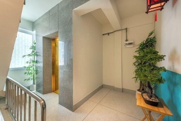 A hallway with a potted plant, a door, and a handrail.