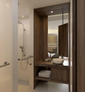 Hair dryer, slippers, towels, soap