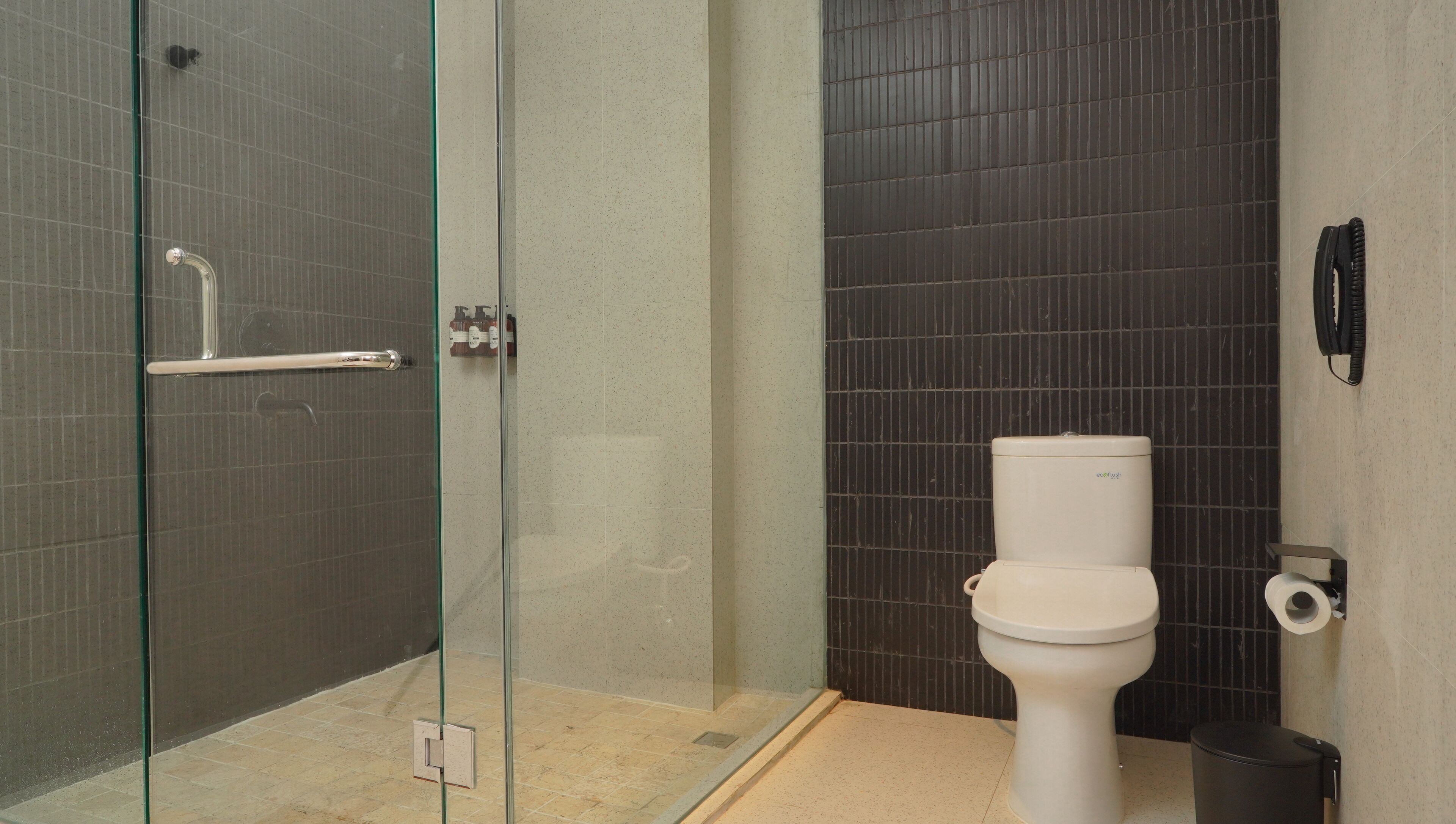 A modern bathroom with a glass shower enclosure, a toilet, and a trash bin.