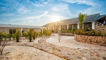 A resort with a stone pathway leading to a covered area with palm trees and a clear sky.