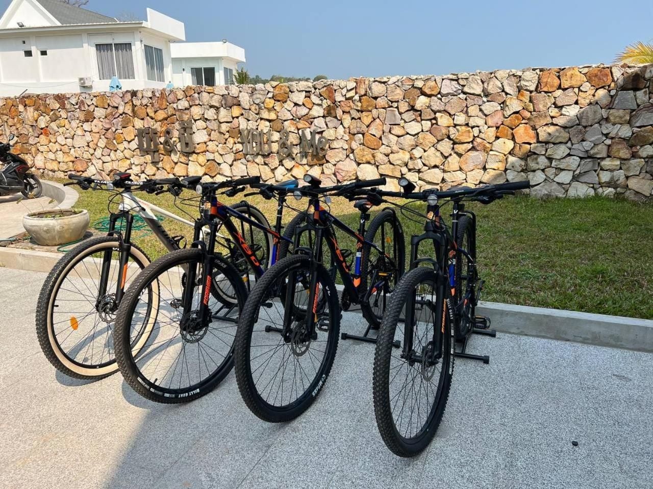A row of bicycles parked against a stone wall.