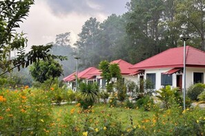 A row of white buildings with red roofs, surrounded by a garden with various plants and flowers.