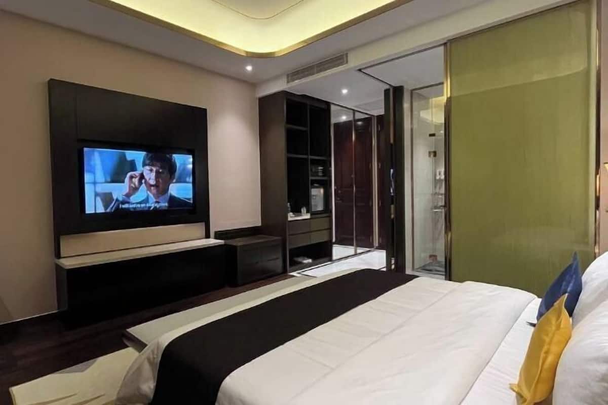 Ett modernt hotellrum med en stor säng, en platt-TV som är monterad på väggen, en rymlig klädkammare och en skjutdörr i glas som leder in till badrummet.