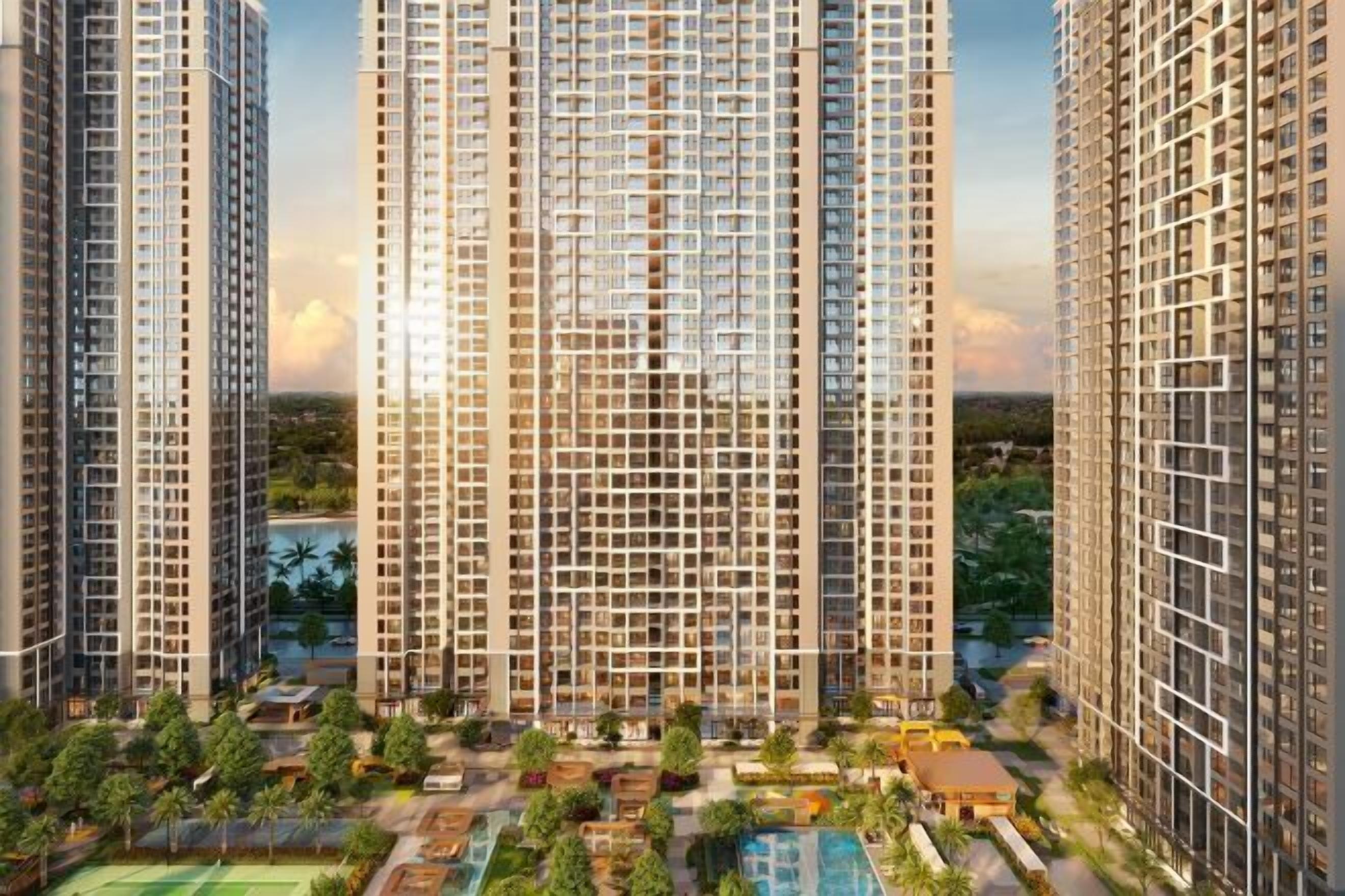 A high-rise residential building with multiple floors, a swimming pool, and landscaped areas.