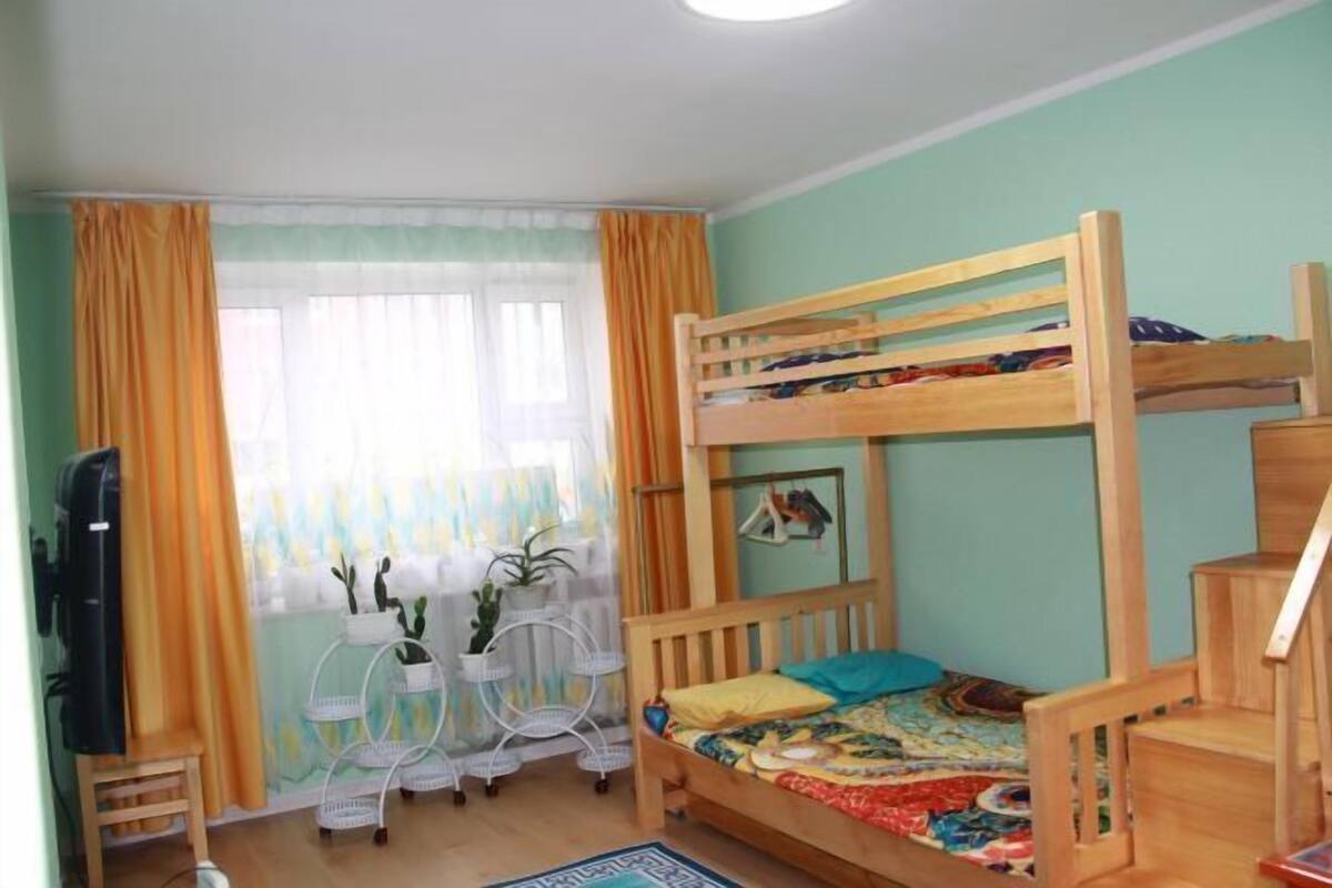 A bunk bed room with a TV, a plant, and a window with curtains.