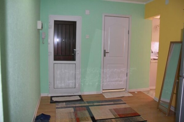 A hallway with two doors, a rug, and a mirror. - Happy Hostel (Ulaanbaatar)