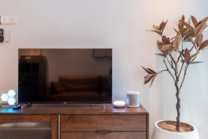 A flat-screen TV on a wooden cabinet, a potted plant, and a white speaker. - MAXIM BY FEEL HOME (Kuala Lumpur)
