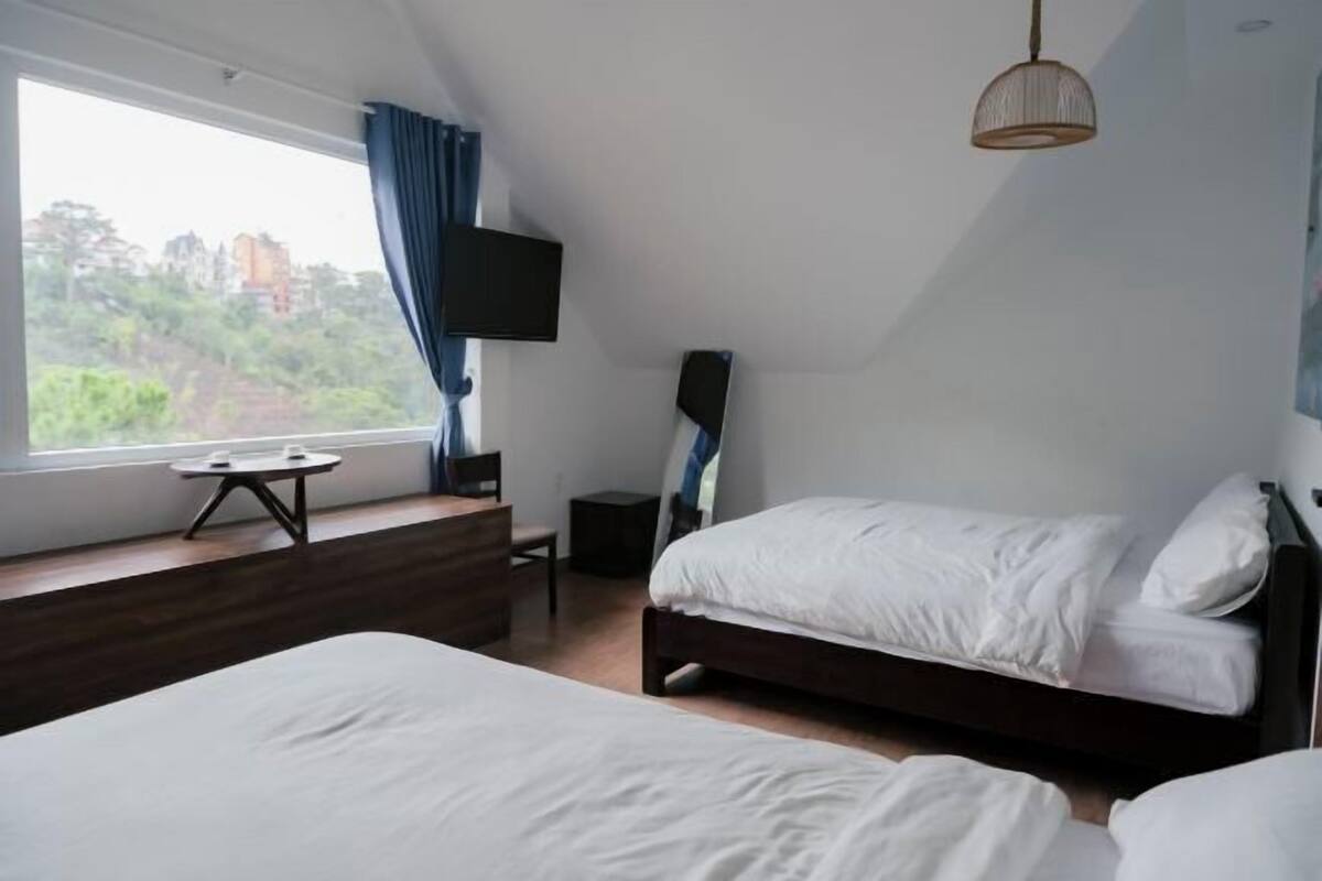 A bedroom with two beds, a TV, a desk, and a window with curtains.