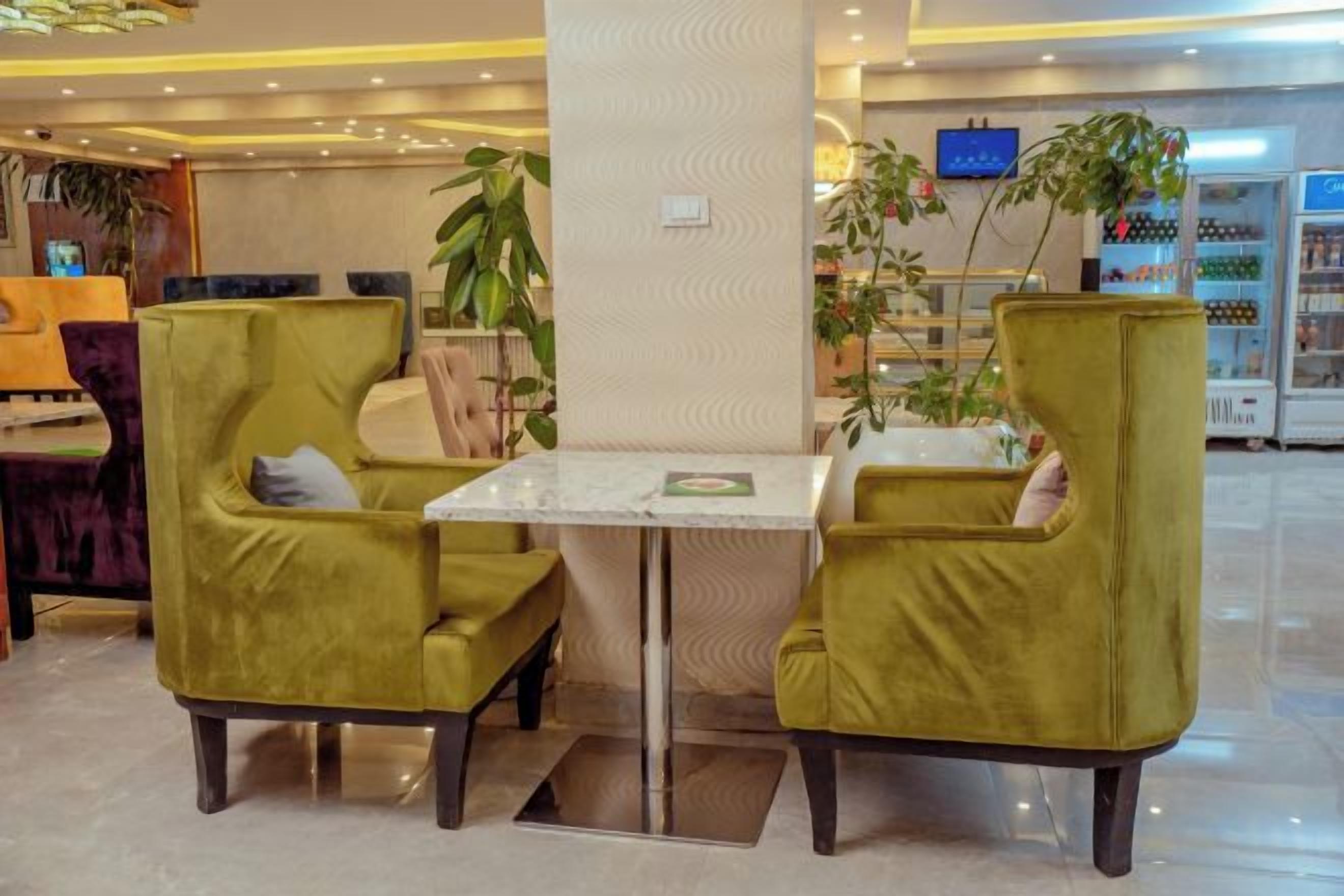 A lobby with a reception desk, two green armchairs, a white table, and a potted plant.